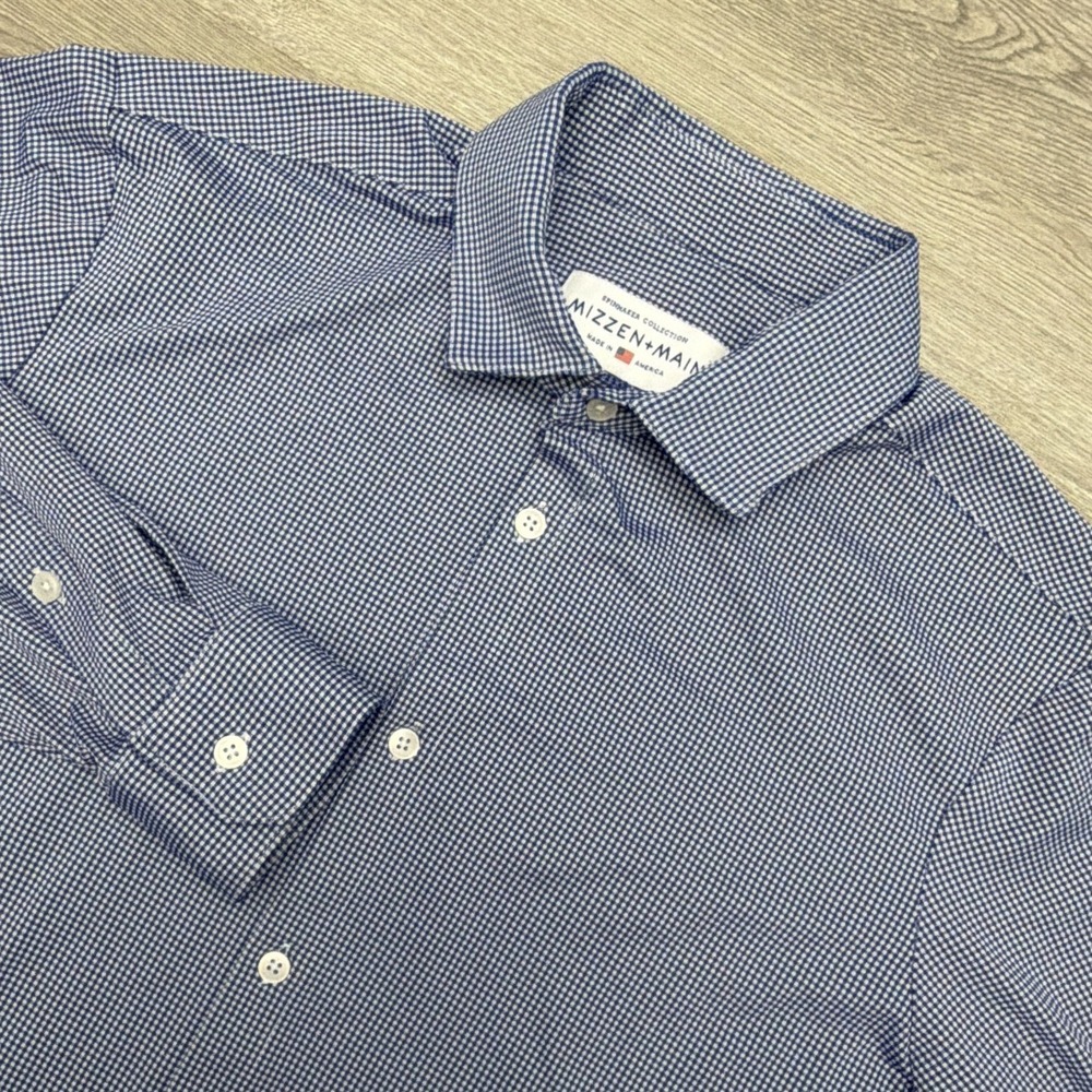 Mizzen+Main Spinnaker Shirt Mens XL Blue Gingham Trim Fit Performance Made USA